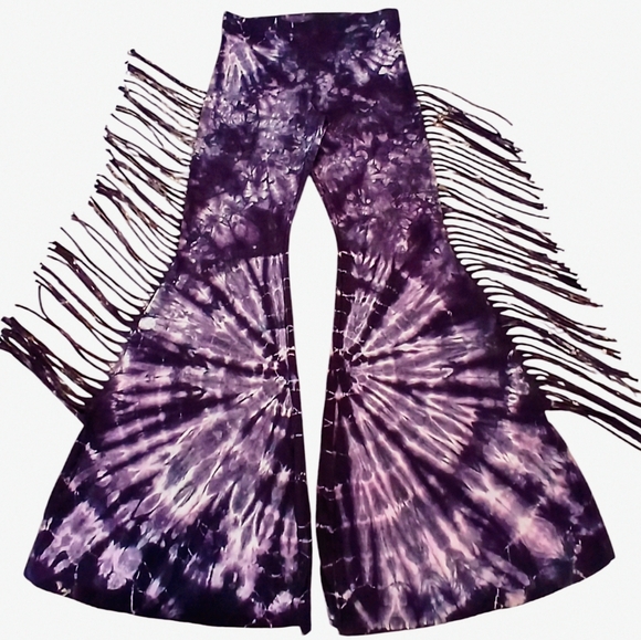 REGULAR LENGTH Tie Dye High Waisted Fringe Bell Bottoms - Festival Tie Dyed Pant - Picture 5 of 16